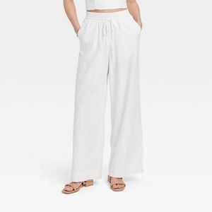 Women's High-Rise Wide Leg Linen Pull-On Pants - A New Day White M